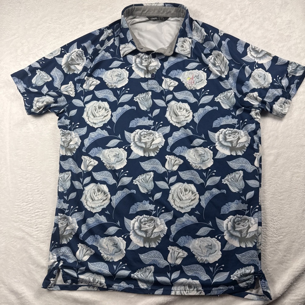 UNRL Rose Buds Golf Polo Mens L Blue White Floral Wicking Barstool Sports Logo